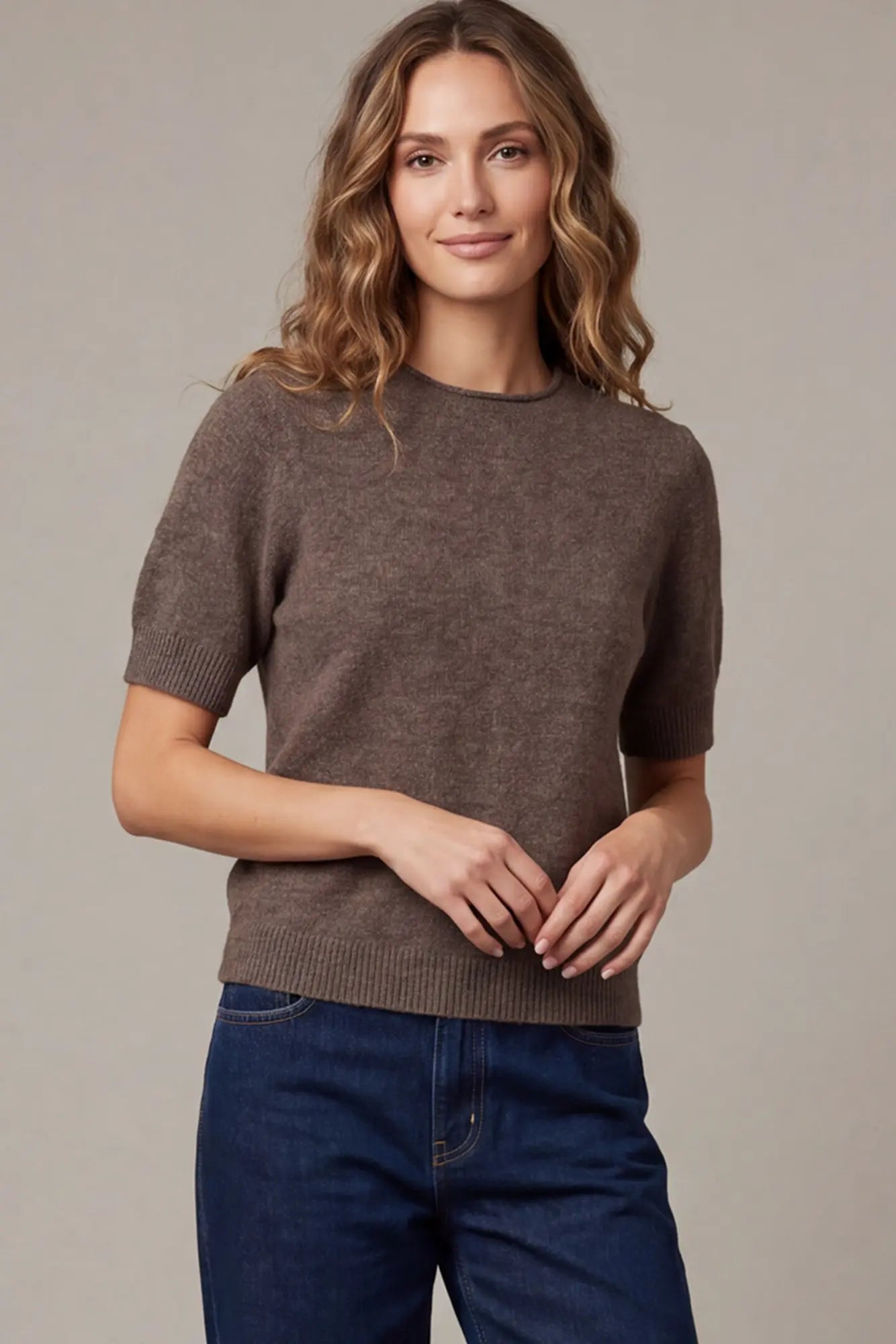Short Sleeve Sweater Top - Brown
