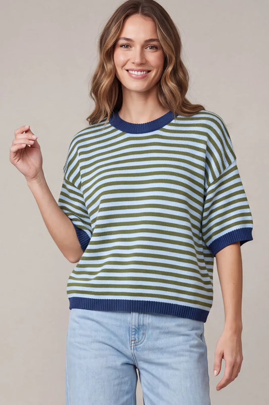 Striped Rib Knot Top - Olive/Blue