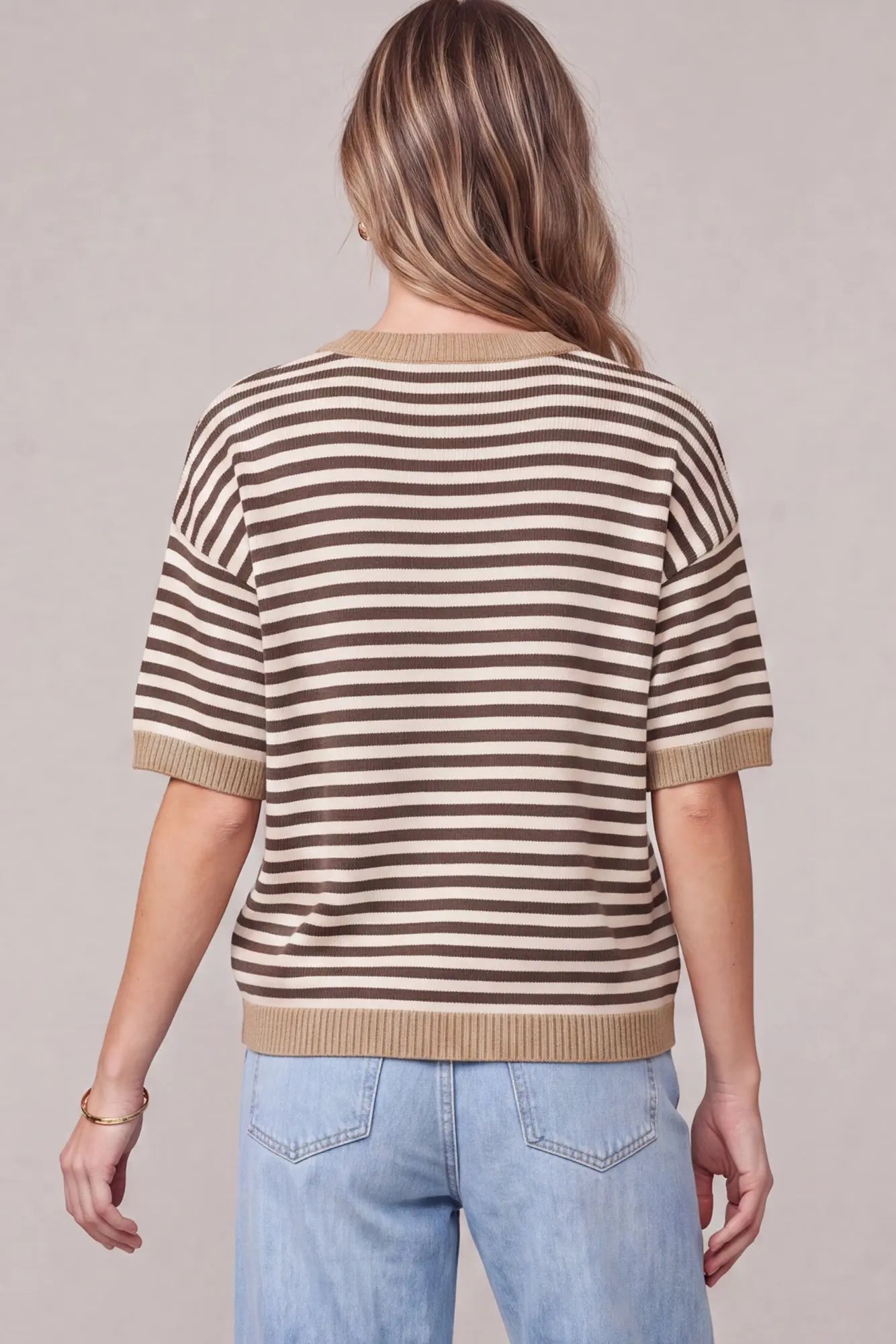 Striped Rib Knot Top - Brown/Cream