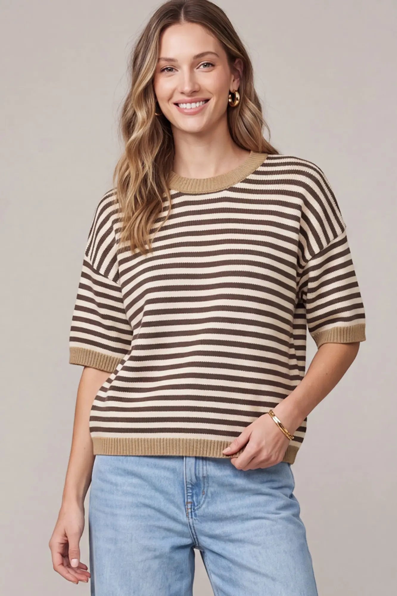 Striped Rib Knot Top - Brown/Cream