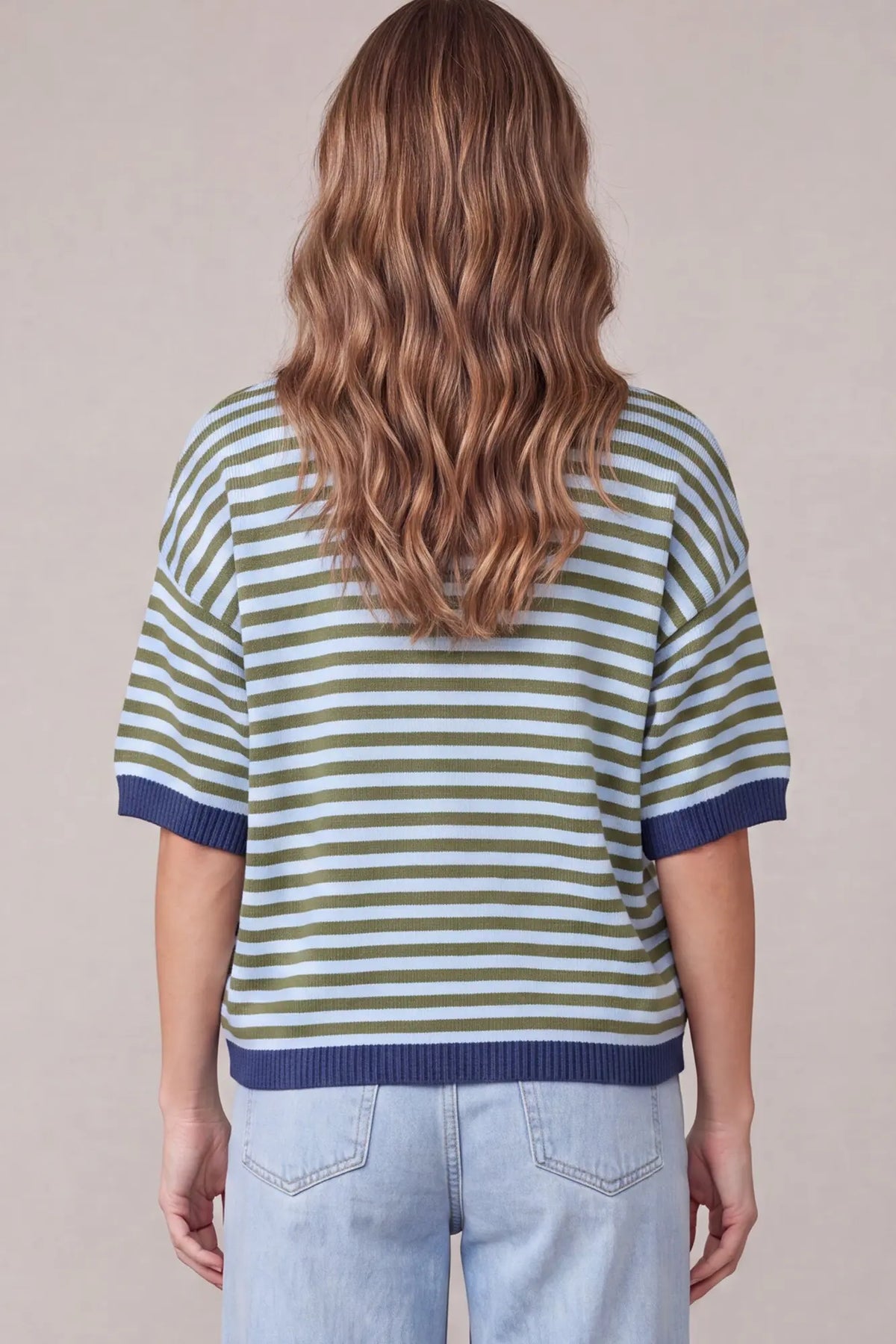 Striped Rib Knot Top - Olive/Blue