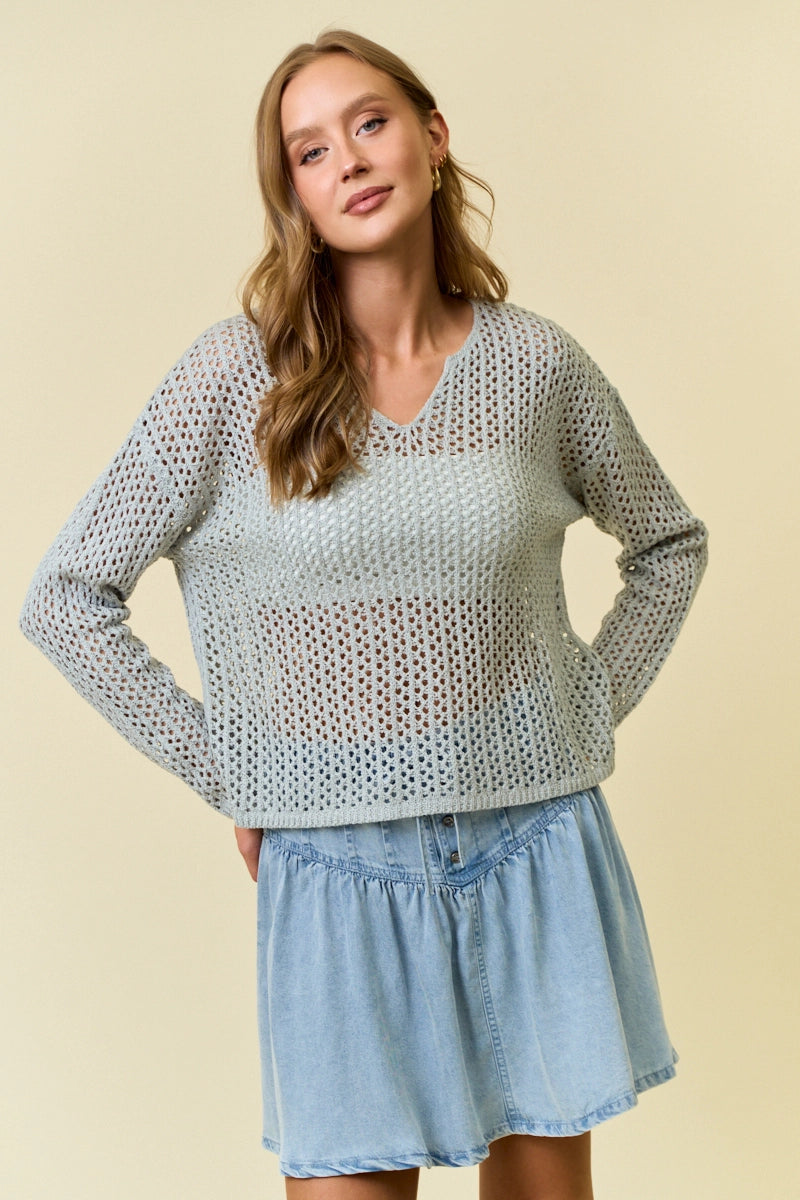 Split V-Neck Long Sleeve Knit Sweater - Grey