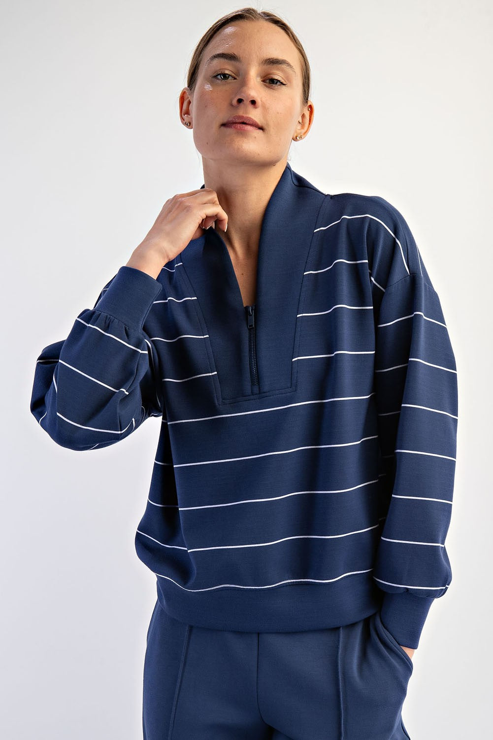 Modal Scuba Stripe V-neck Zipper Top