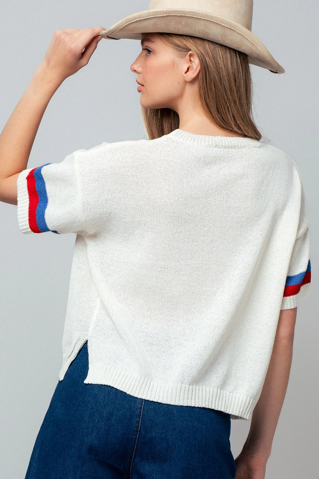 Flag Applique Knit Sweater with Stripe Cuffs