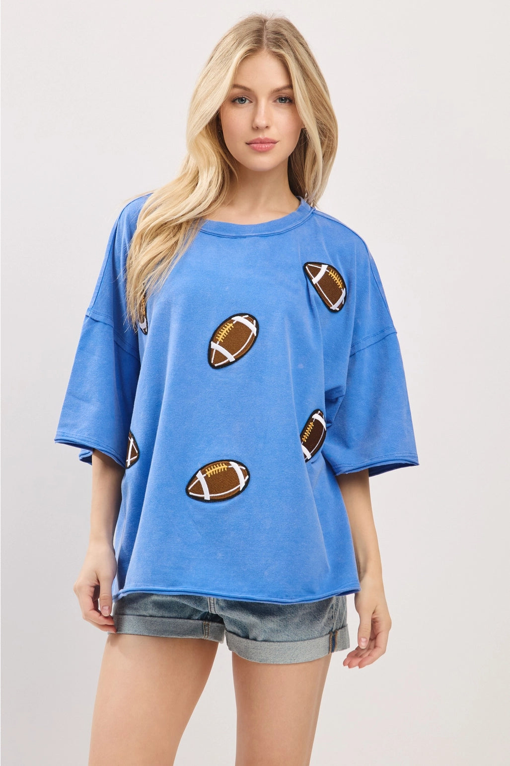 Vintage Football Patch Game day Oversized Tee - Blue