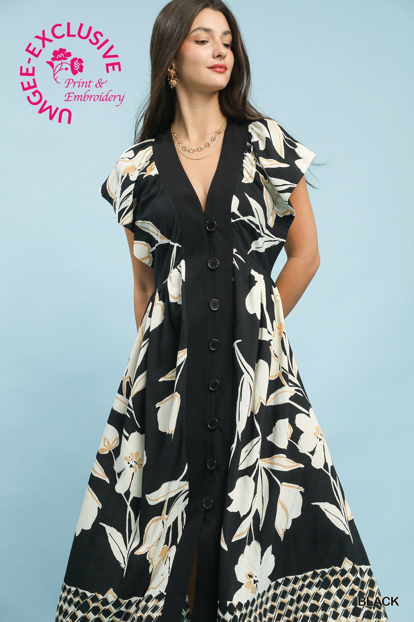 Botanical Bloom Button-Front Midi Dress