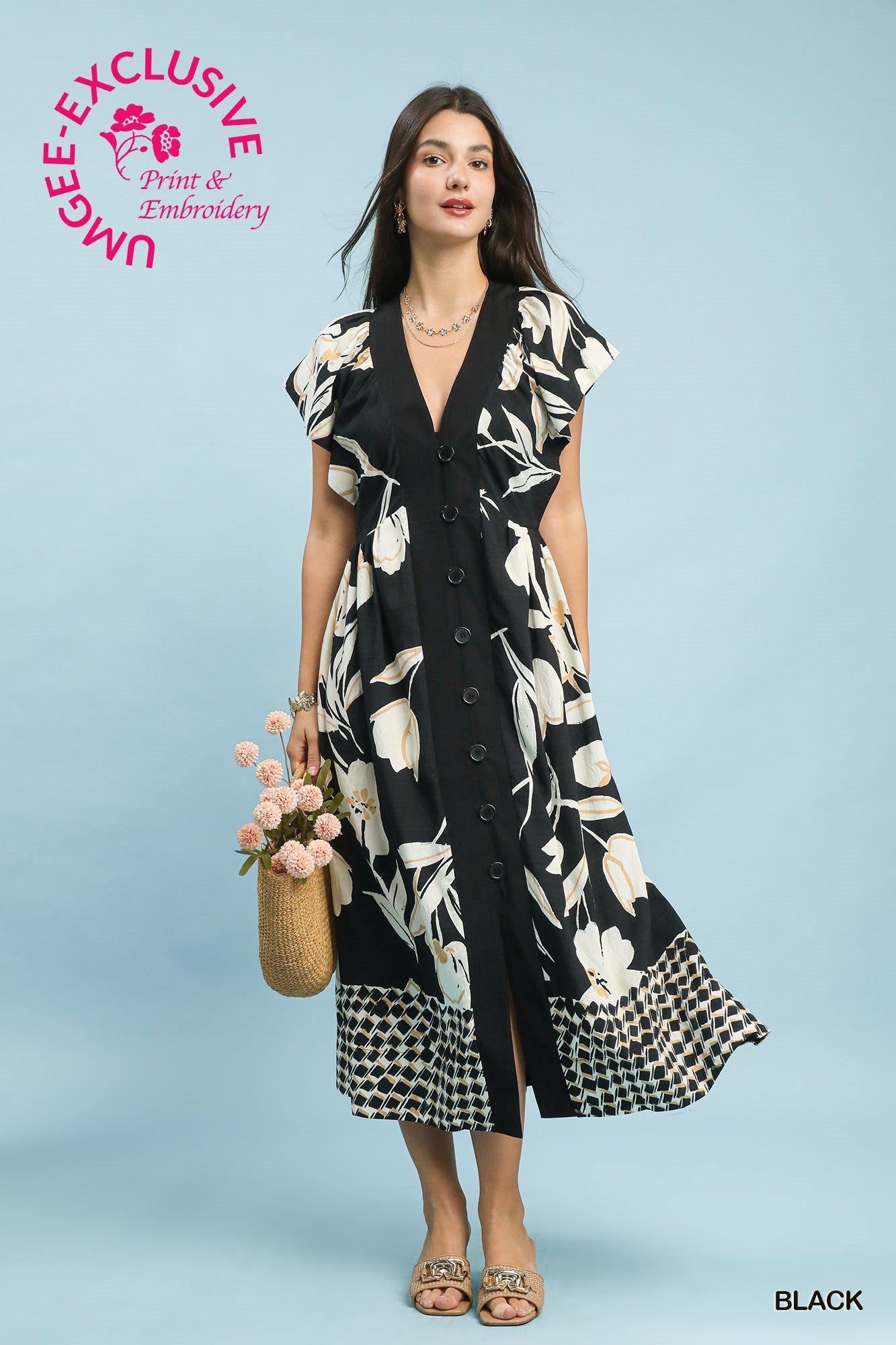 Botanical Bloom Button-Front Midi Dress
