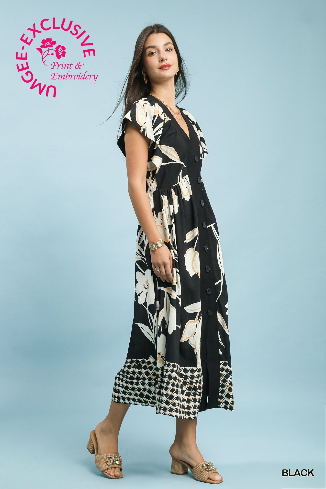 Botanical Bloom Button-Front Midi Dress
