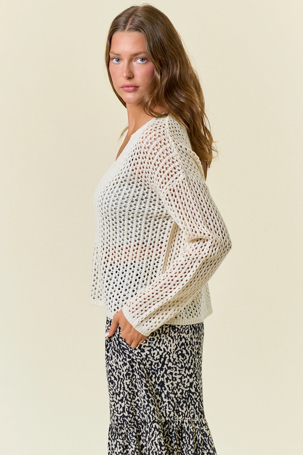Split V-Neck Long Sleeve Knit Sweater - Cream