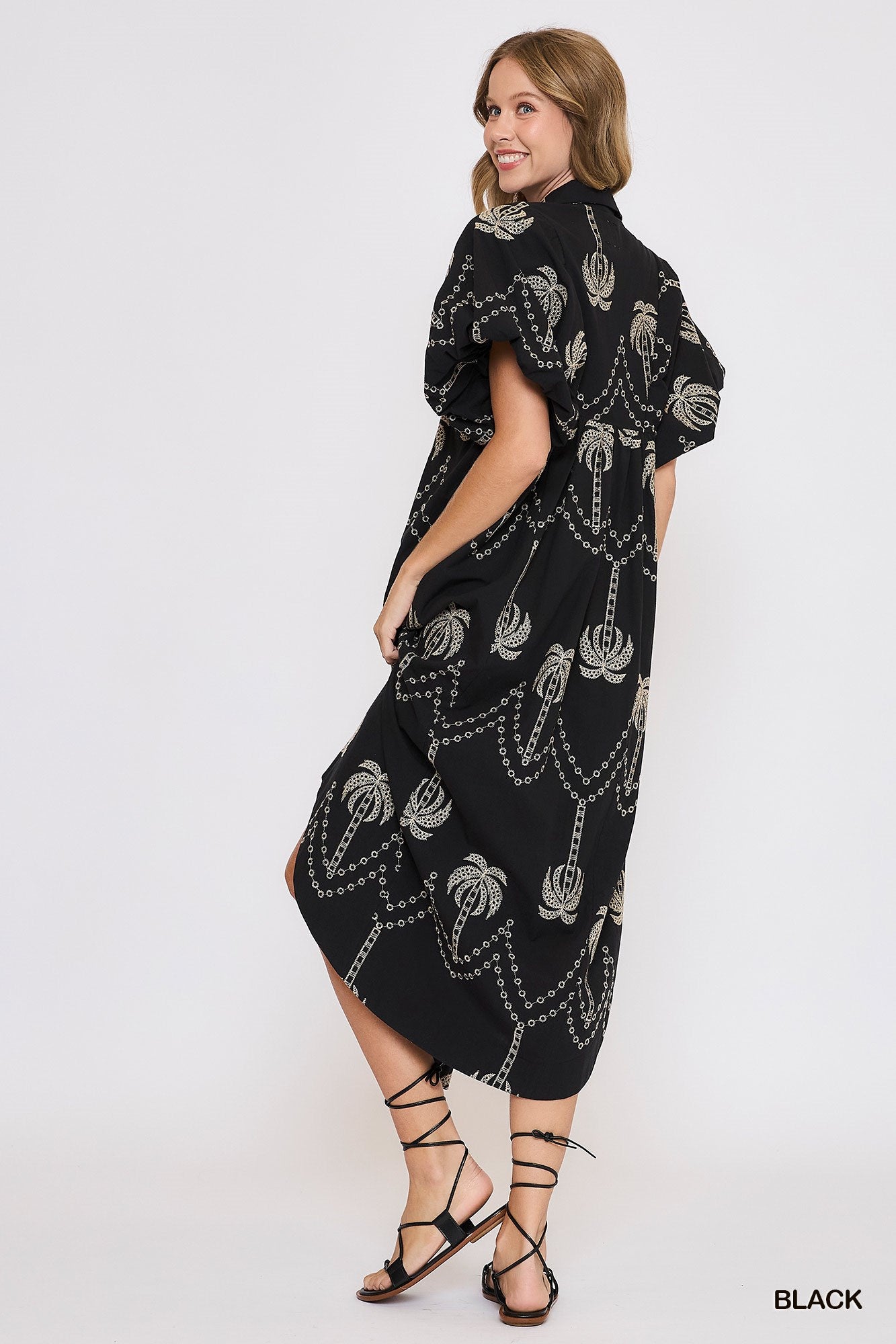 Embroidered Puff Sleeve Midi Dress