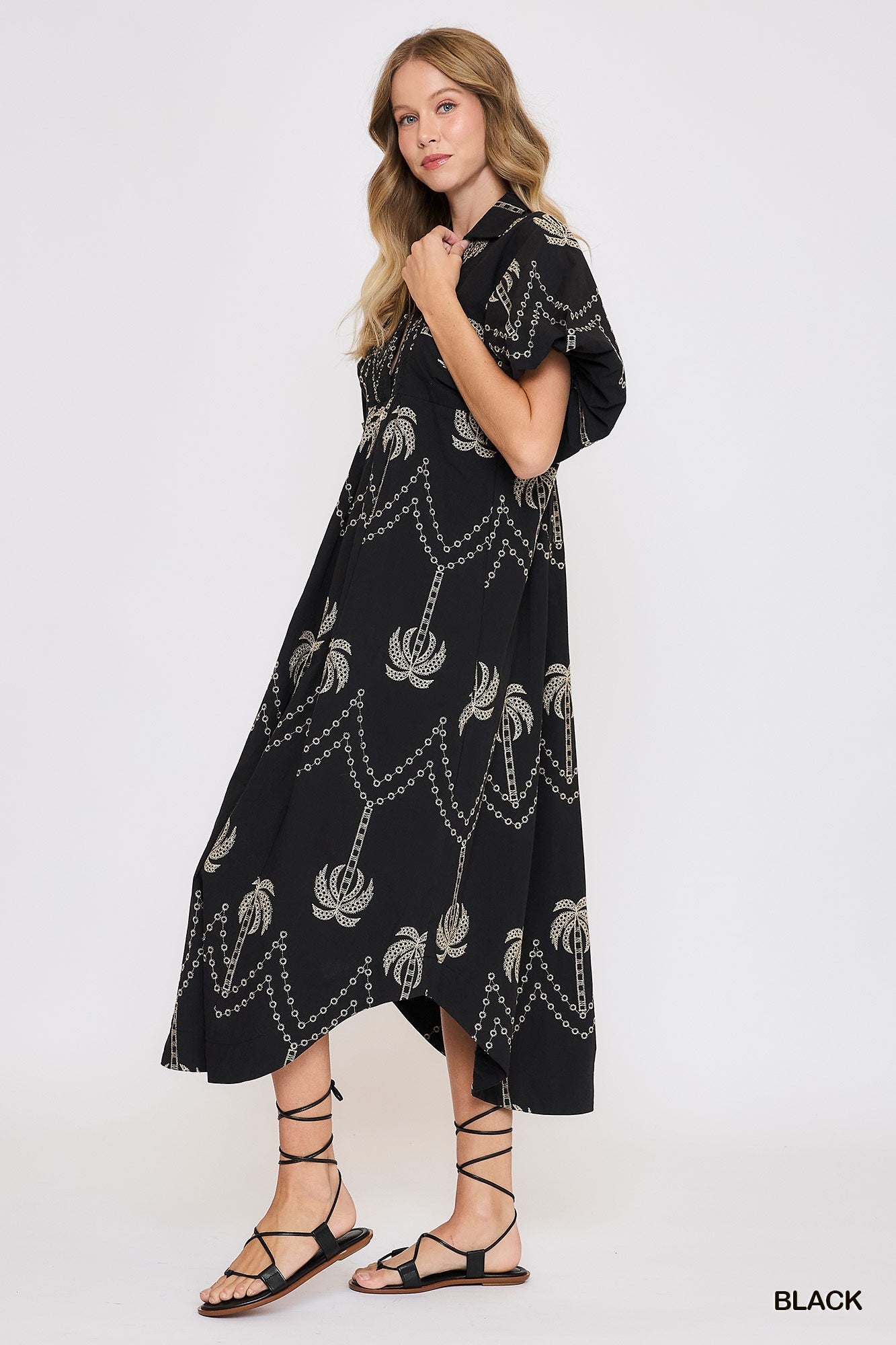 Embroidered Puff Sleeve Midi Dress