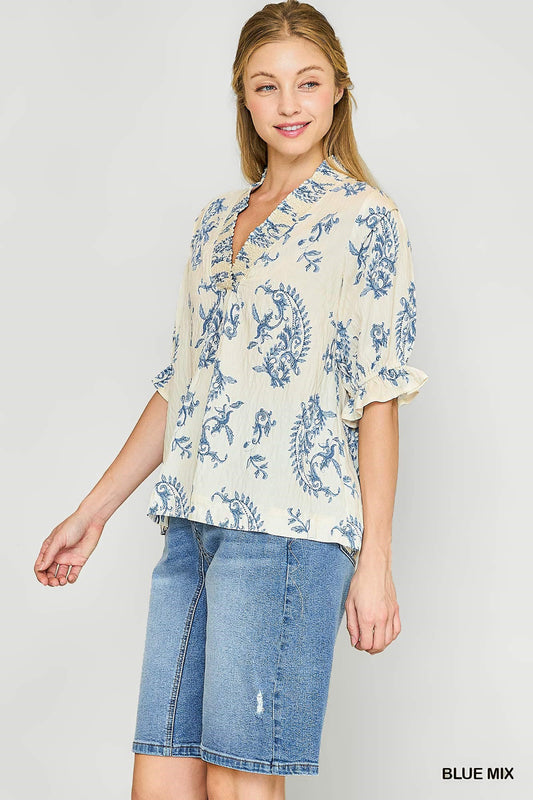 Willow Vine Ruffle Trim Blouse