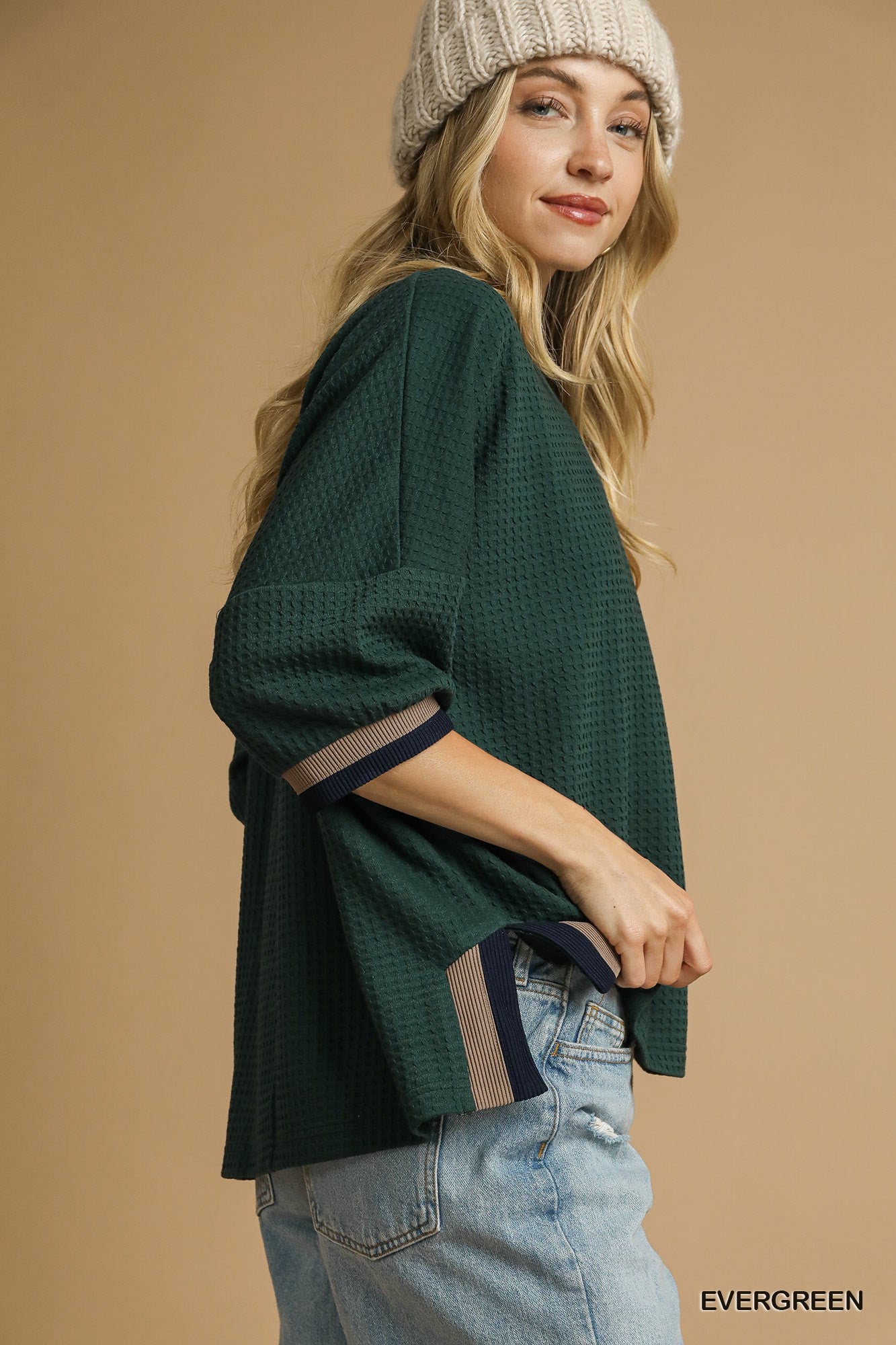 Textured Waffle Knit Contrast Sleeve Top
