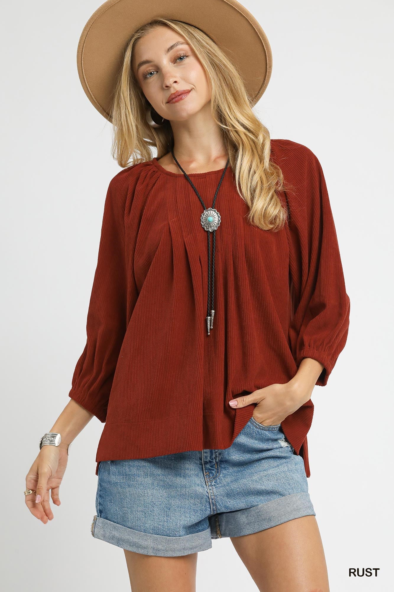 Corduroy Pleated Blouse with 3/4 Sleeves