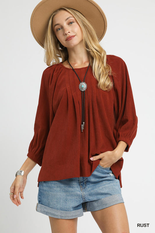 Corduroy Pleated Blouse with 3/4 Sleeves