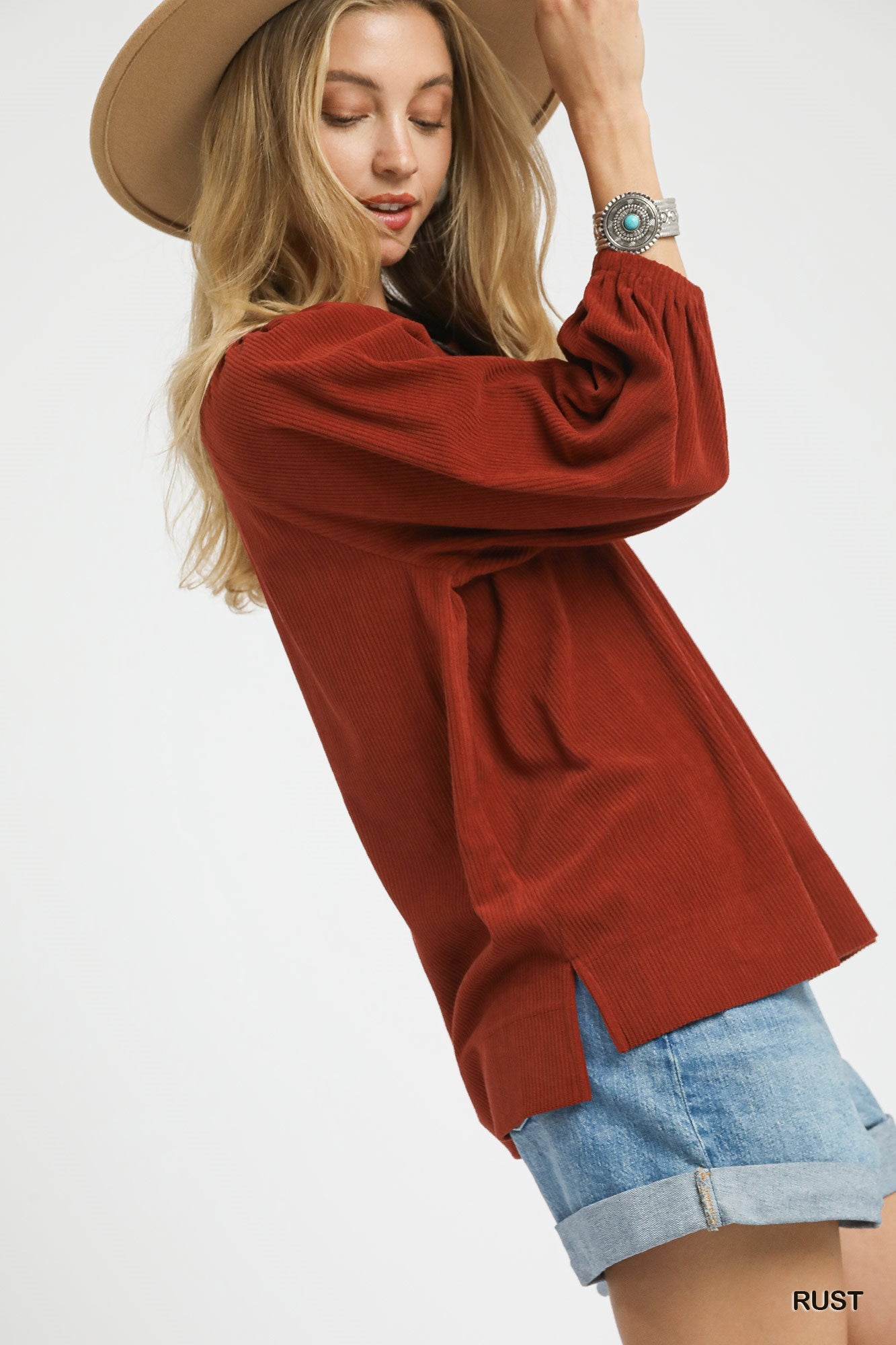 Corduroy Pleated Blouse with 3/4 Sleeves