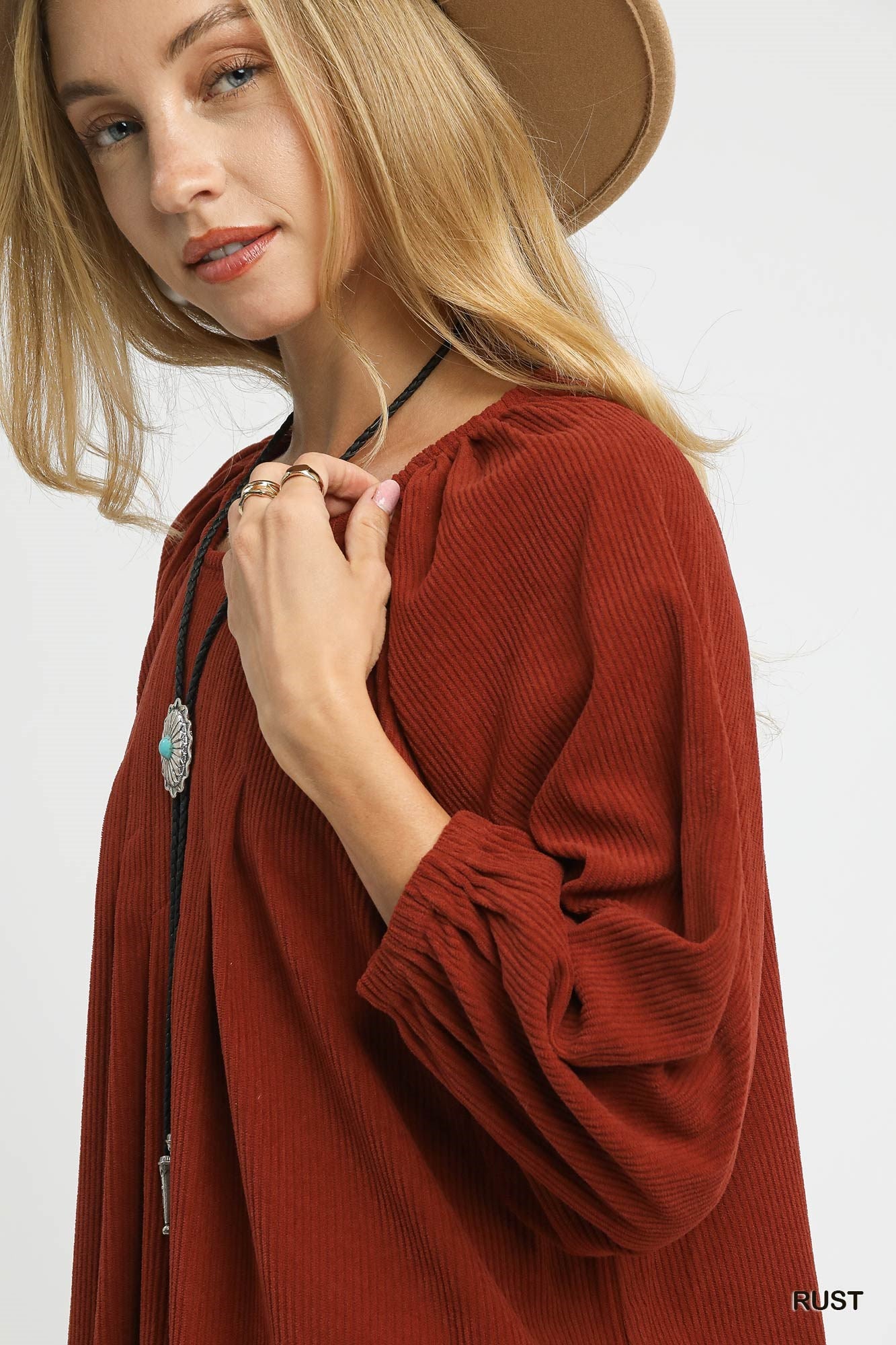 Corduroy Pleated Blouse with 3/4 Sleeves