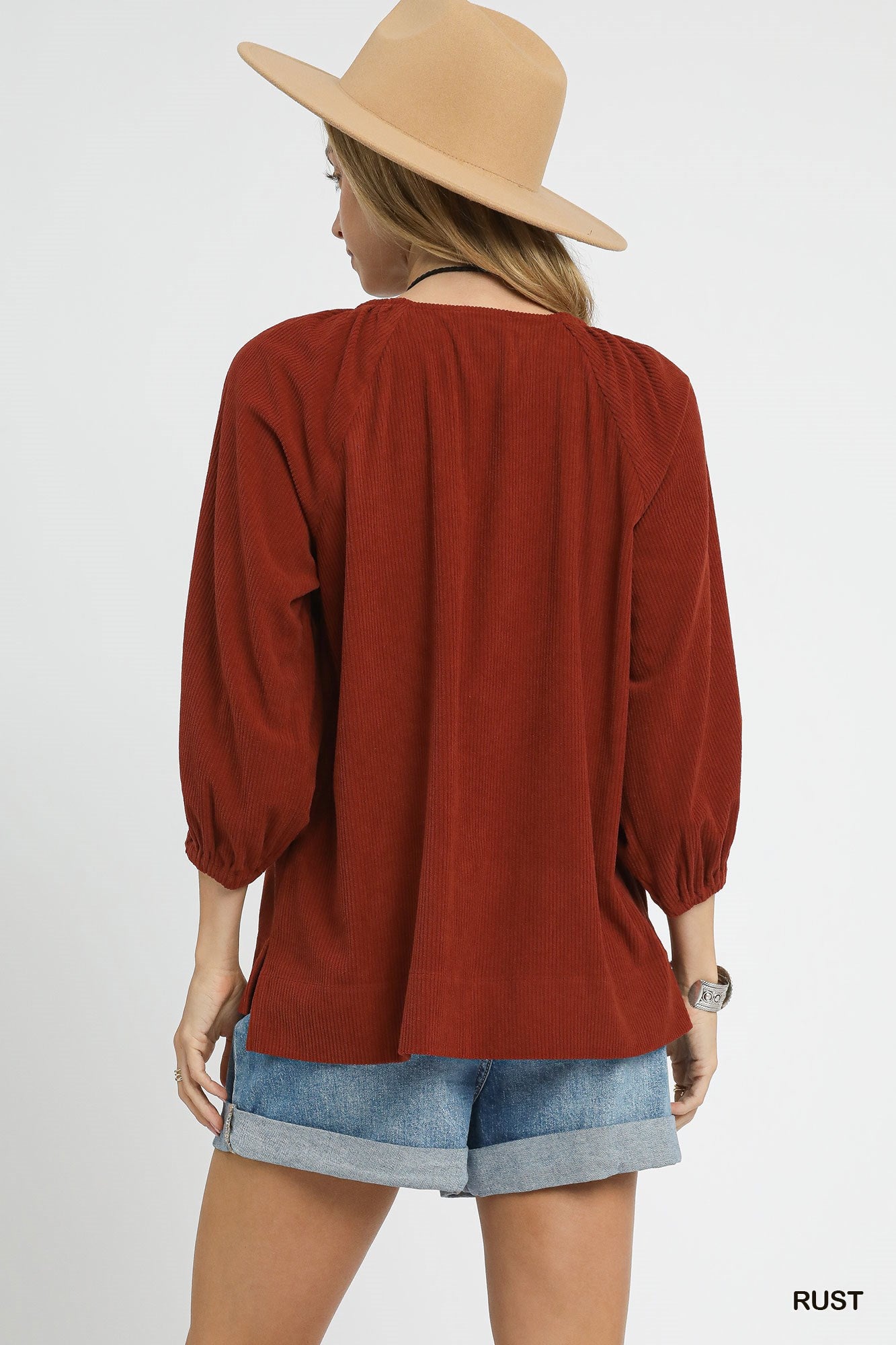 Corduroy Pleated Blouse with 3/4 Sleeves