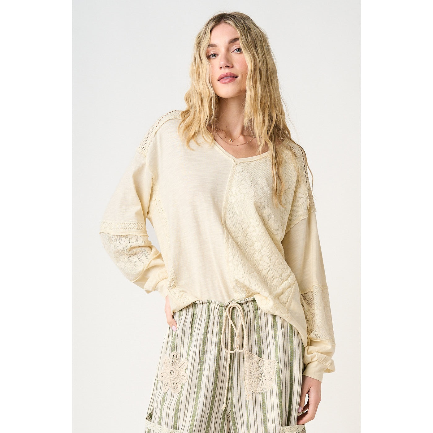 Mix Media Floral Lace Oversized Long Sleeve Top