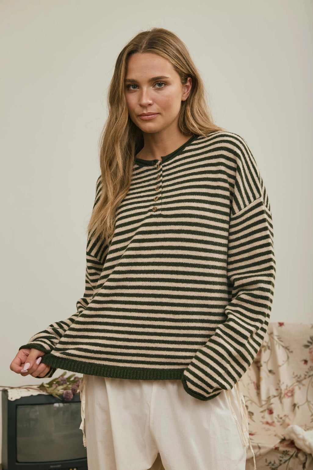 Button Henley Stripe Long Sleeve Sweater - Olive