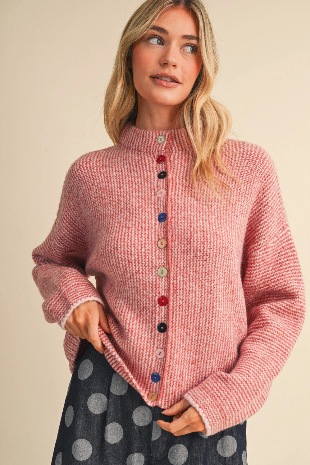 Striped Sweater Cardigan with Colorful Buttons - Pink
