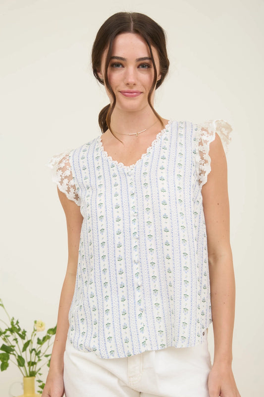 Stripe Floral V Neck Lace Trim Button Down Blouse