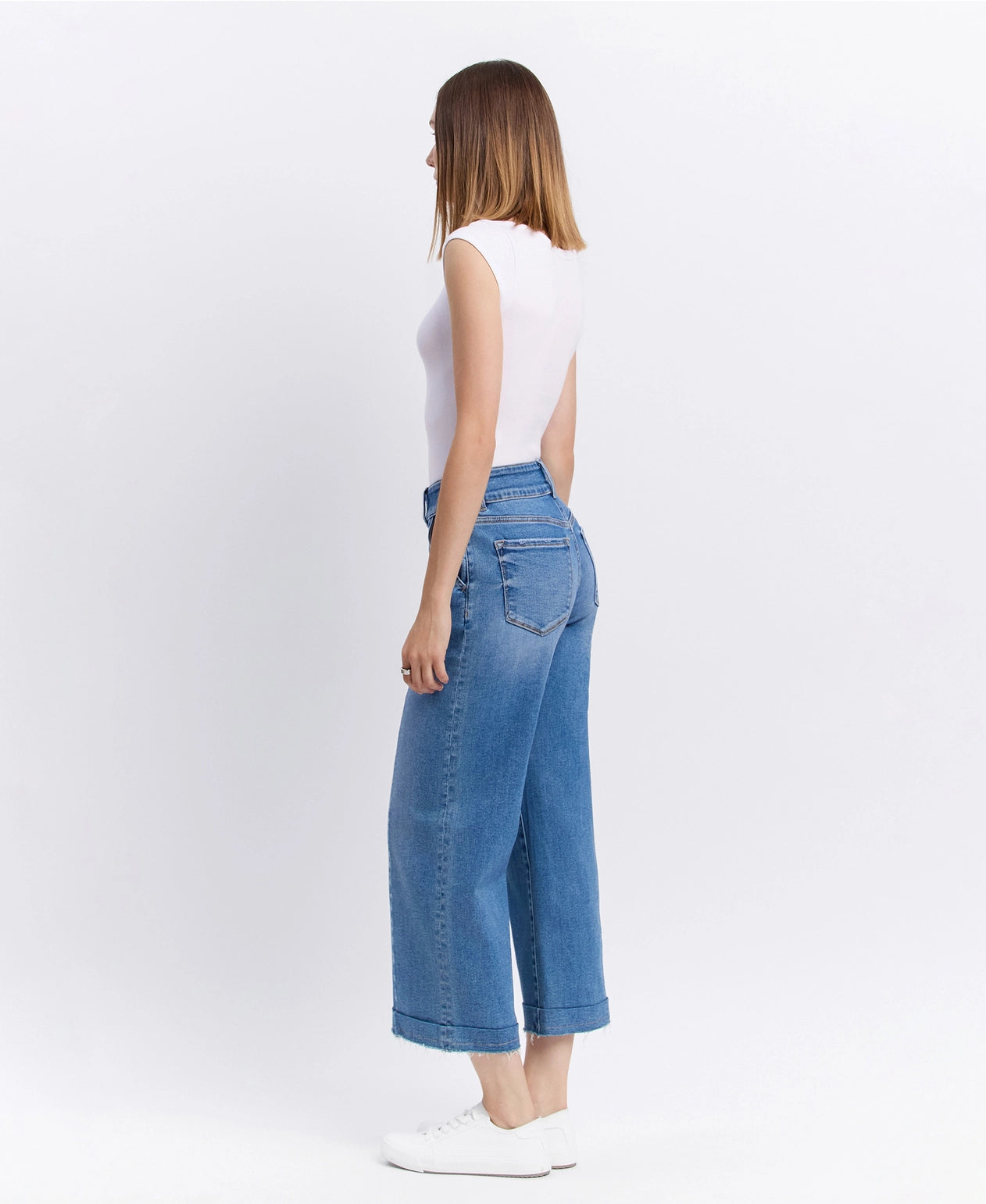 High Rise Two Buttons Trouser Hem Wide Jeans