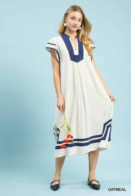 Linen Cotton Contrast Neckline Midi Dress