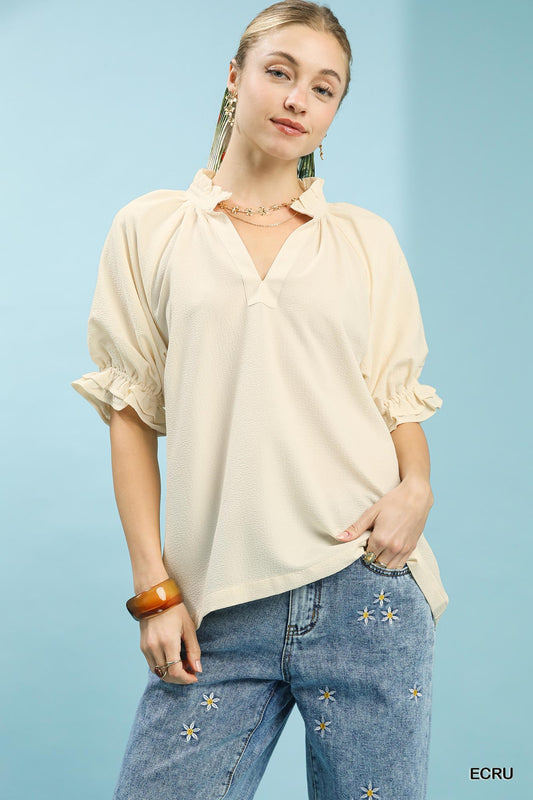 Ruffle Collar Puff Sleeve Top