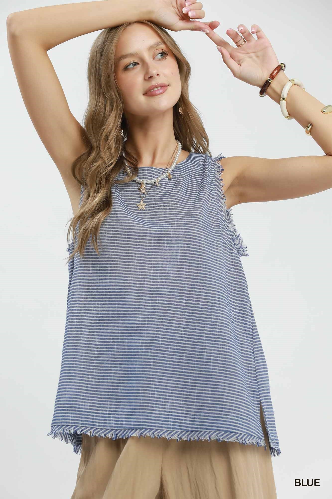 Striped Frayed Tank - Navy