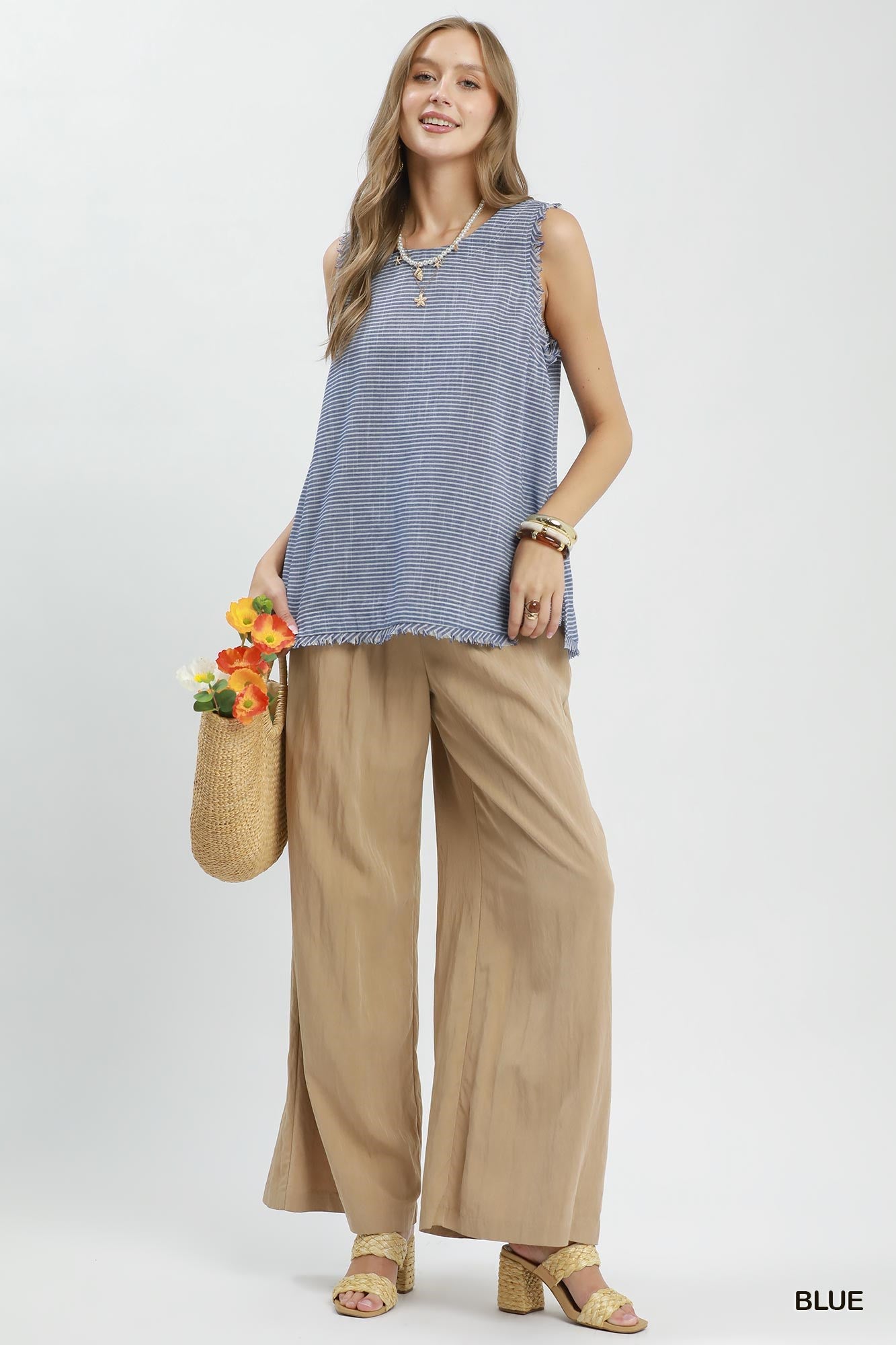 Striped Frayed Tank - Navy