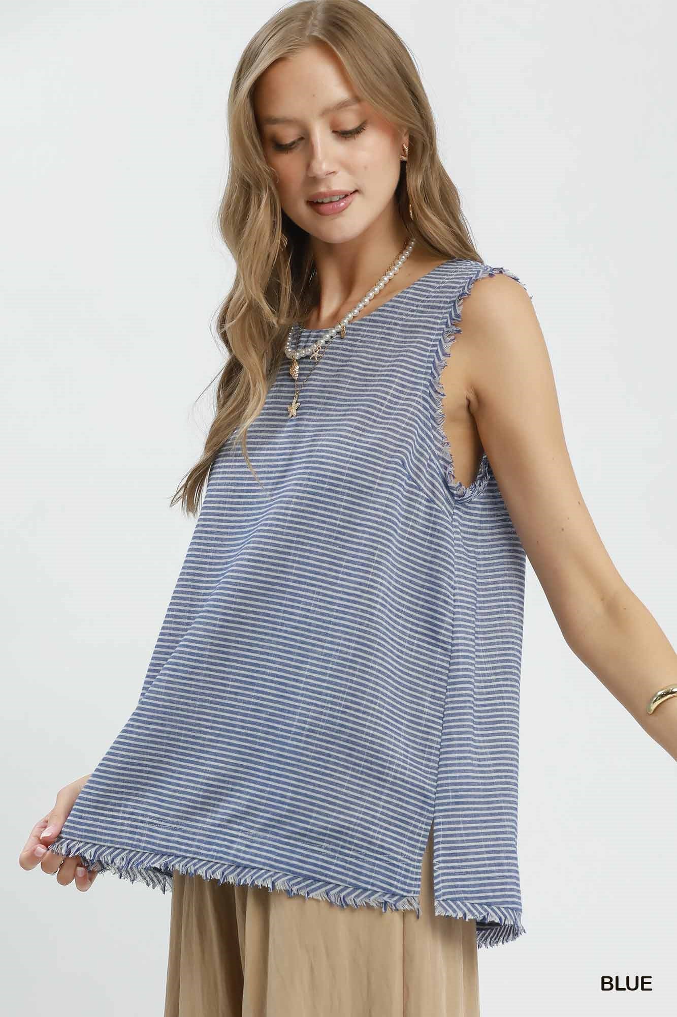 Striped Frayed Tank - Navy