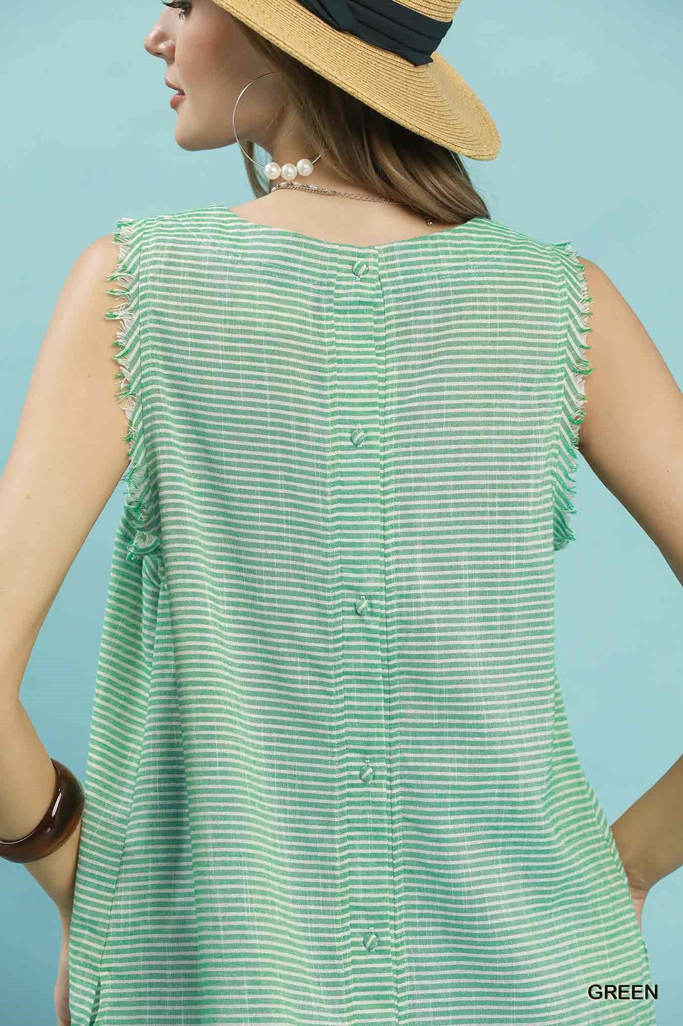 Striped Frayed Tank - Green