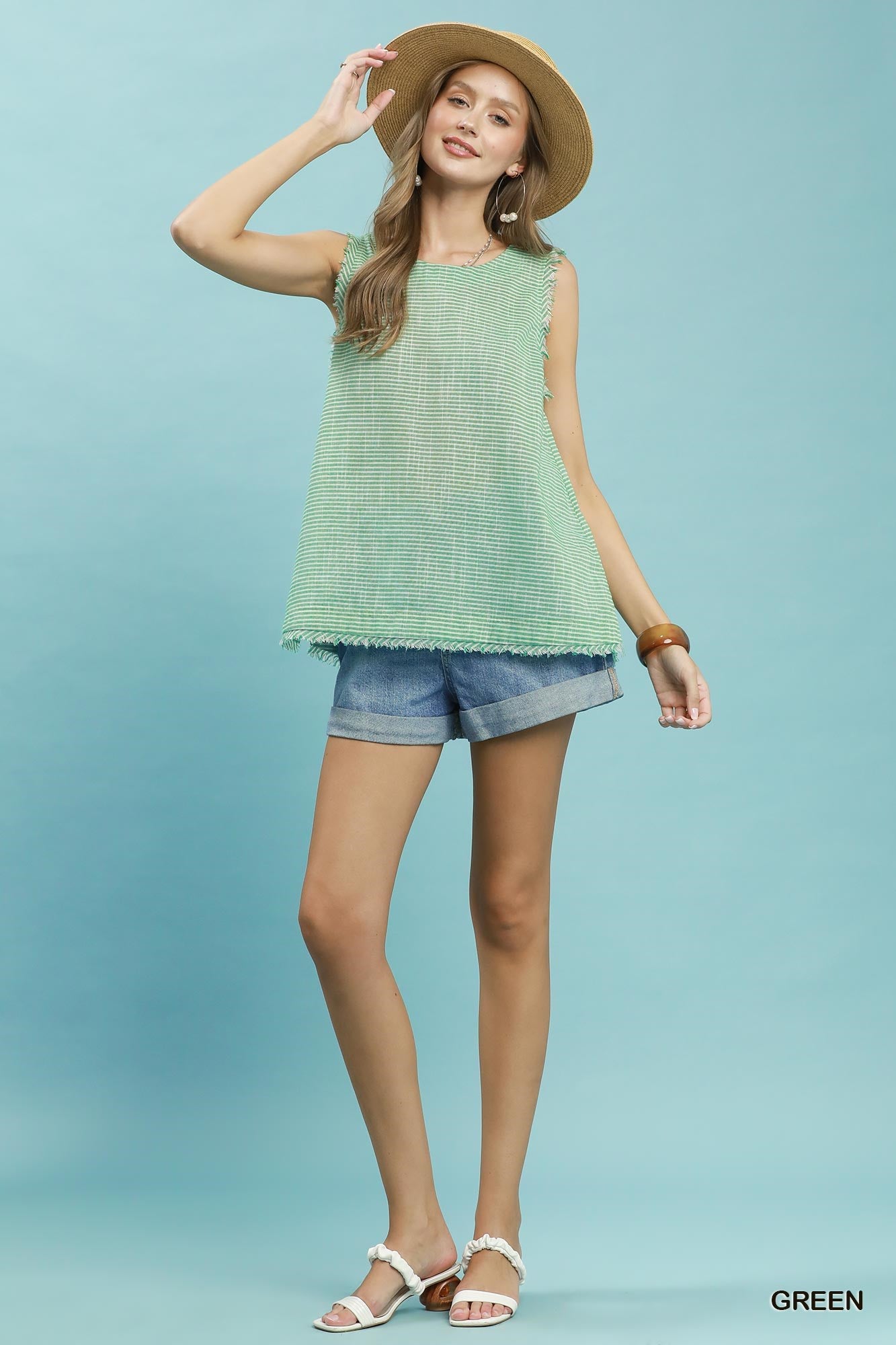 Striped Frayed Tank - Green