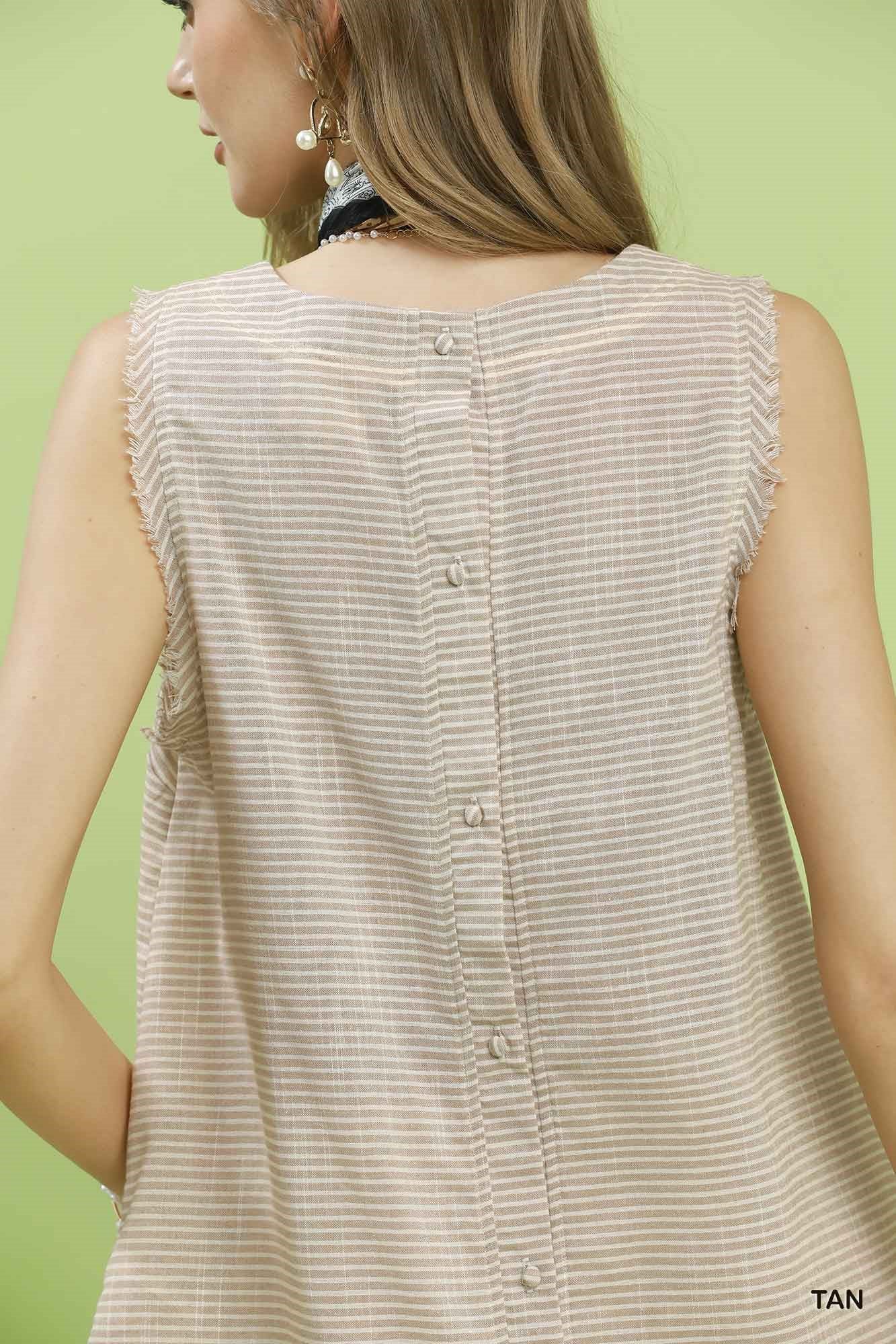 Striped Frayed Tank - Tan