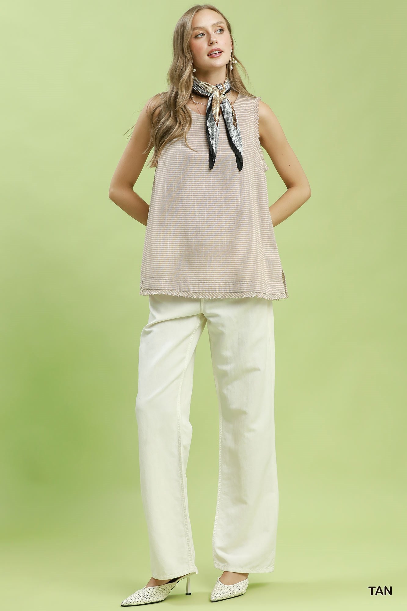 Striped Frayed Tank - Tan