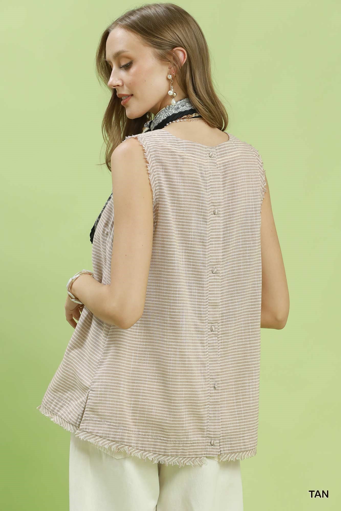 Striped Frayed Tank - Tan