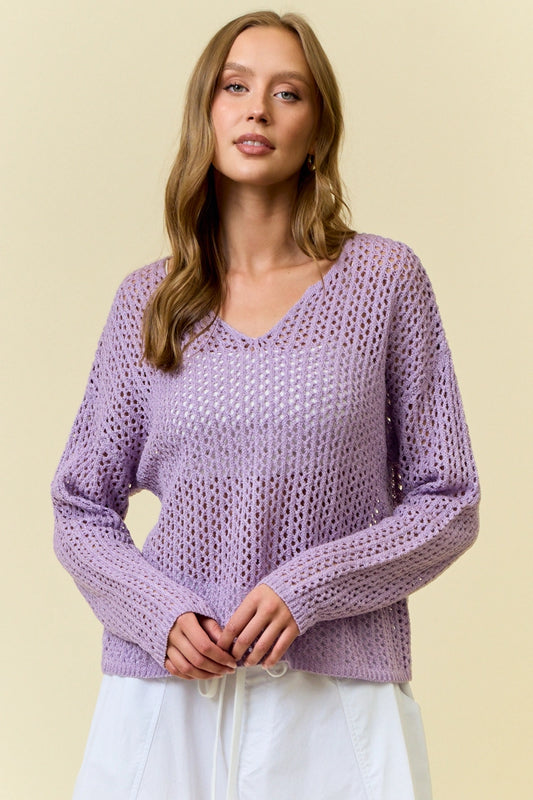 Split V-Neck Long Sleeve Knit Sweater - Purple