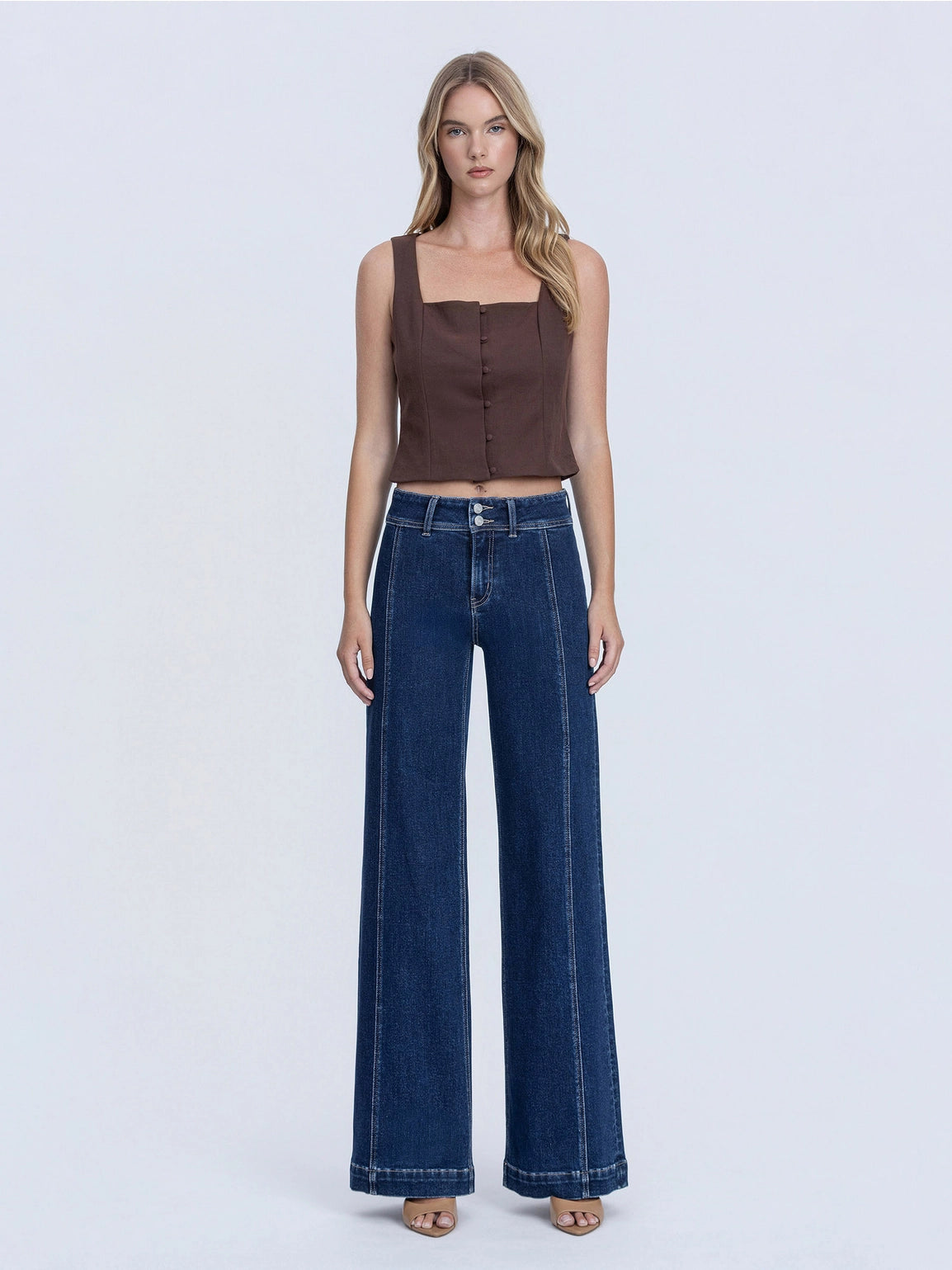 High Rise Front Seam Detailed Dark Wide Leg Jeans
