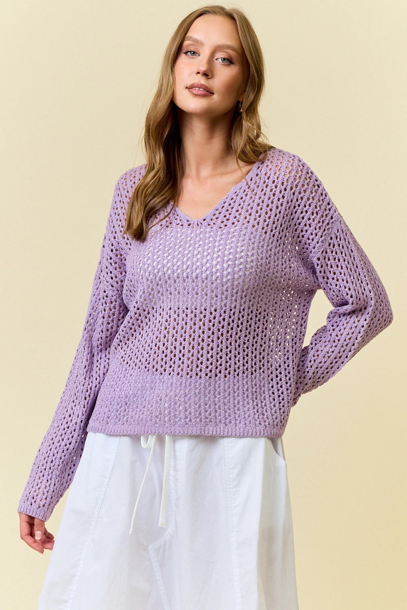 Split V-Neck Long Sleeve Knit Sweater - Purple