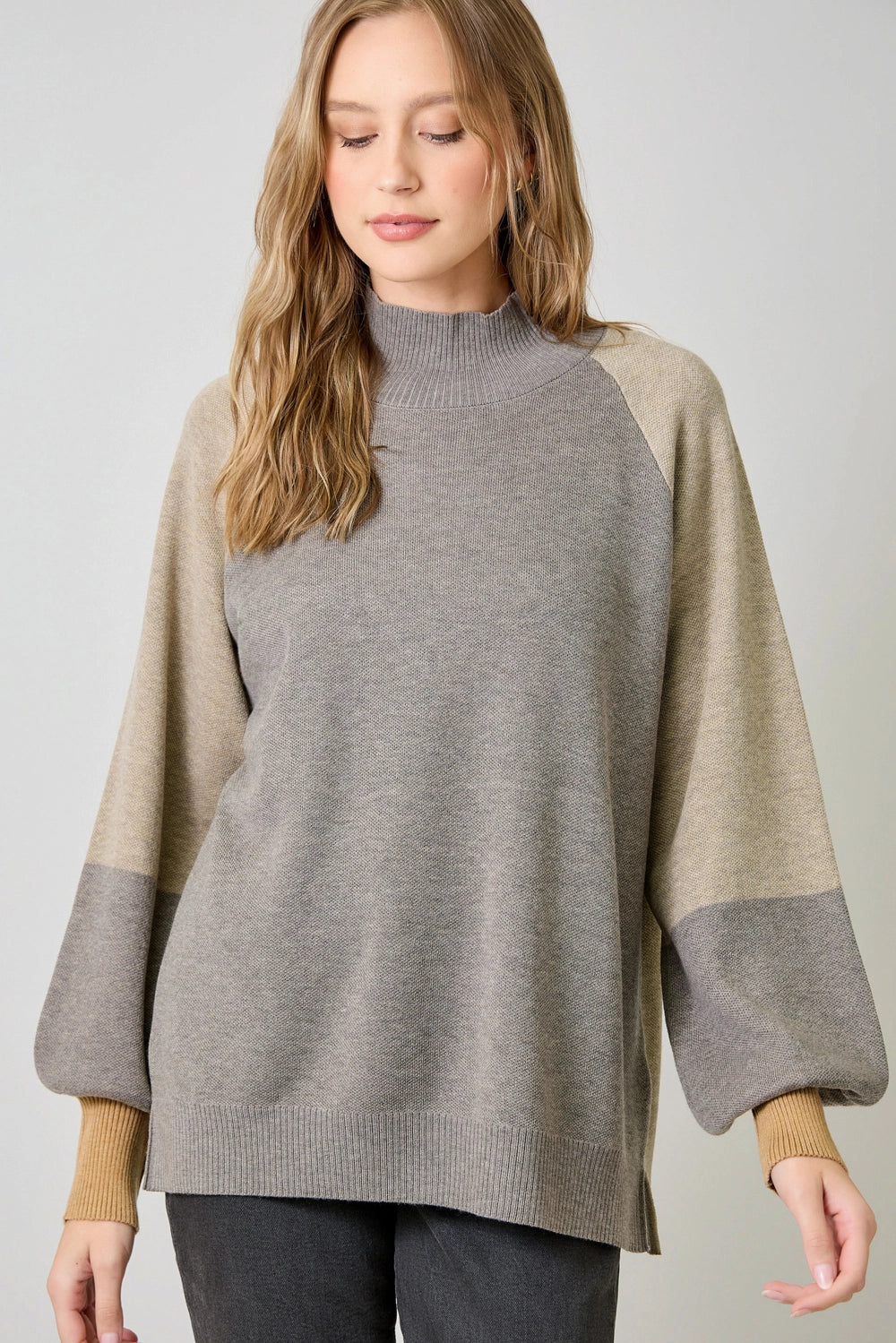 Mock Neck Color Blocked Sweater - Brown