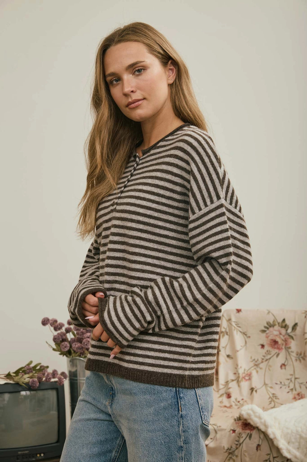 Button Henley Stripe Long Sleeve Sweater - Deep Brown