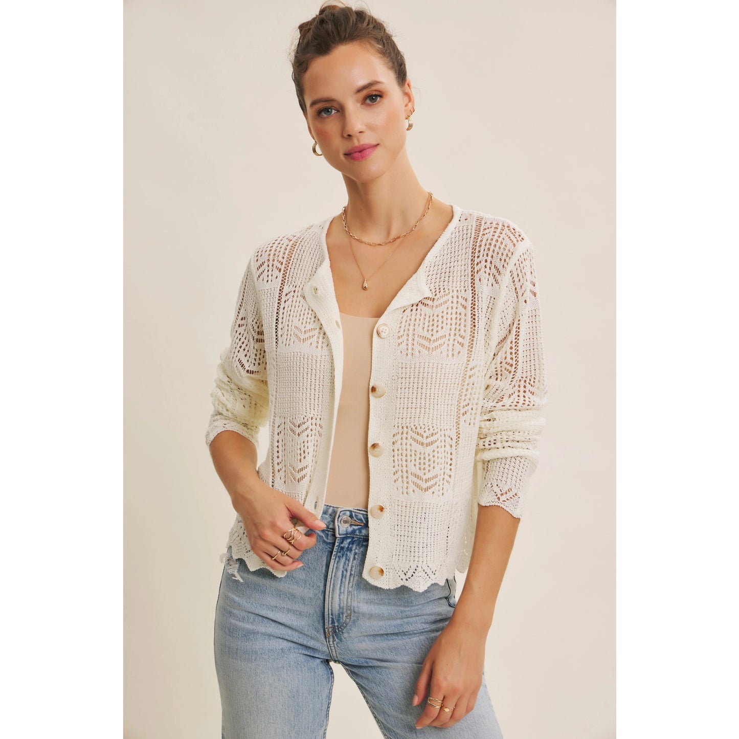 Classic Pointelle Knit Button-Down Cardigan