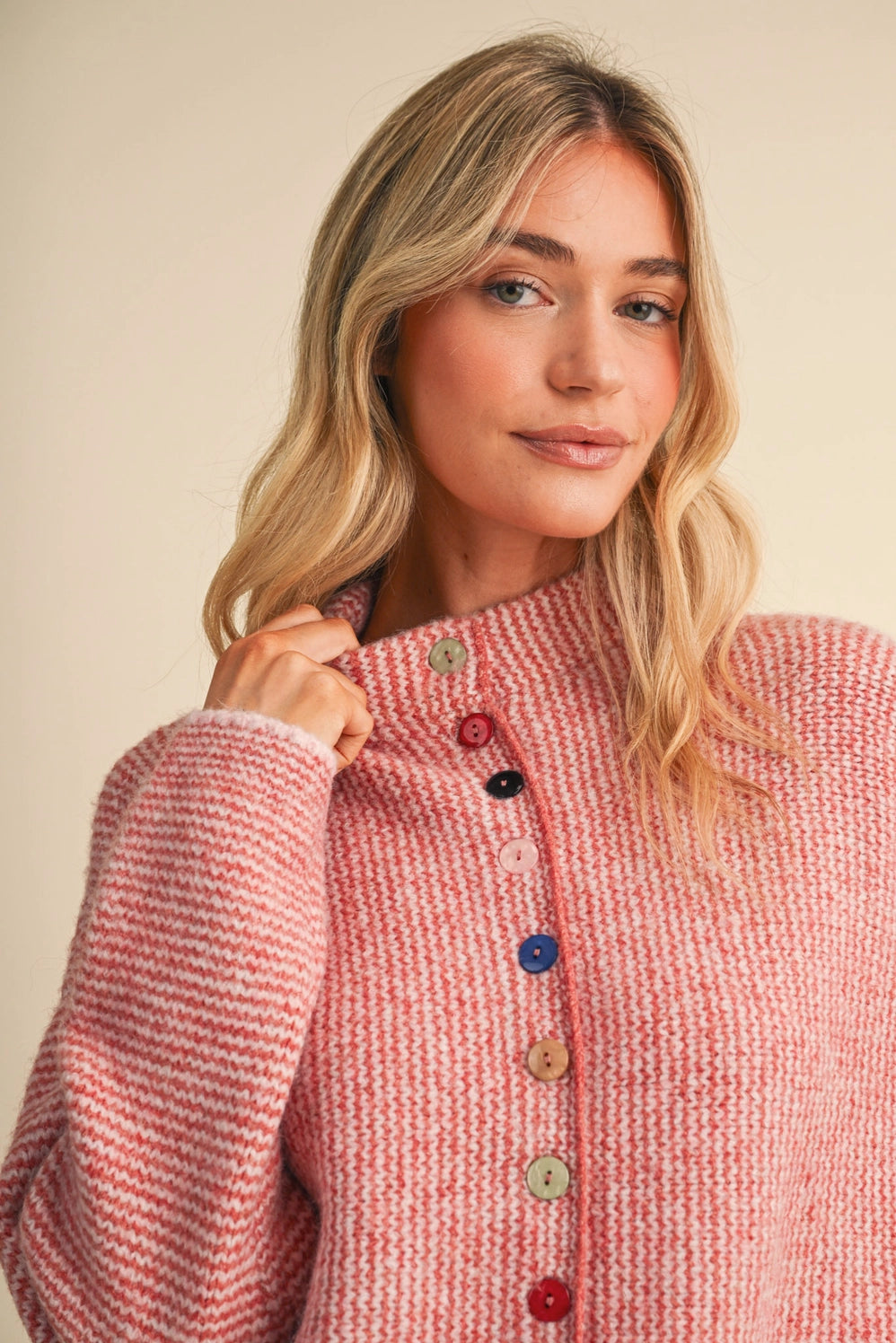 Striped Sweater Cardigan with Colorful Buttons - Pink