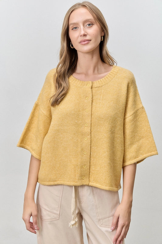 Button Up Short Sleeve Knit Cardigan - Yellow