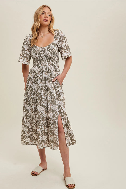 Floral Flutter Sleeve Midi Dress with Slit