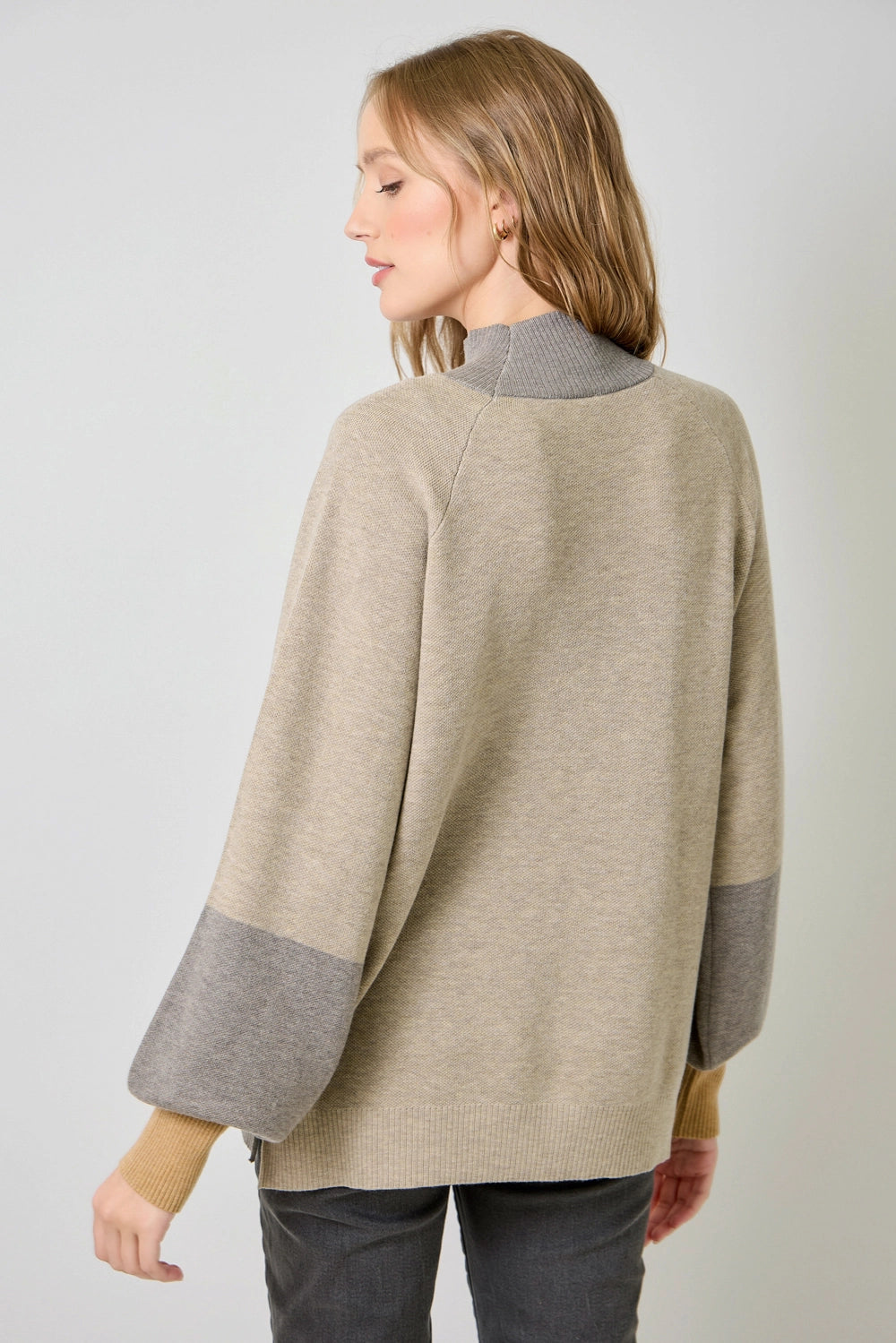 Mock Neck Color Blocked Sweater - Brown
