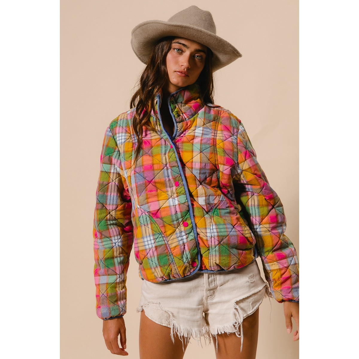 Vintage Plaid Quilted Jacket with Pockets