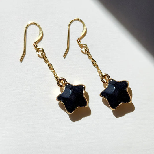 Black Onyx Star Chain Earrings