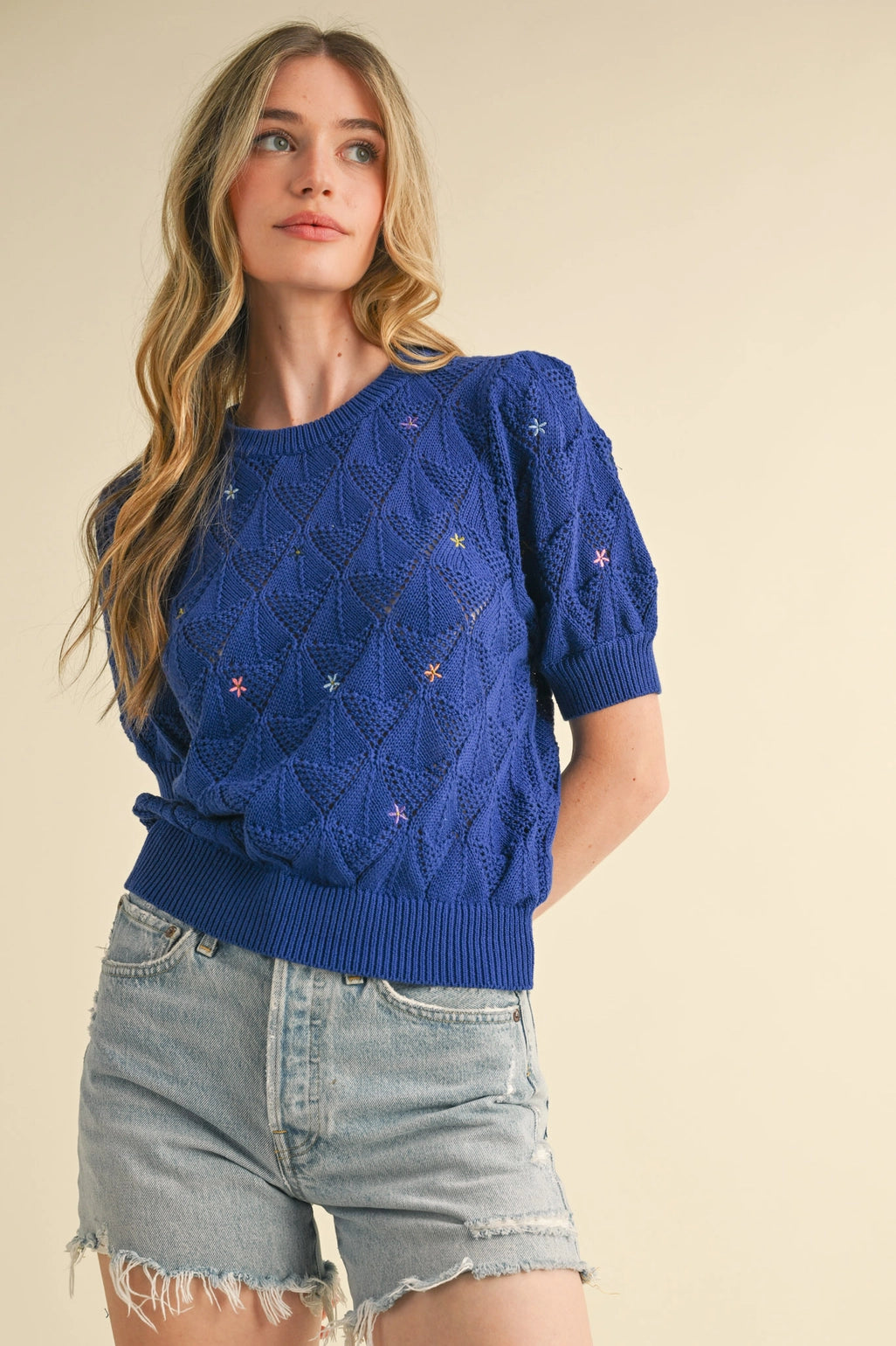 Pointelle Knit Sweater with Floral Embroidery